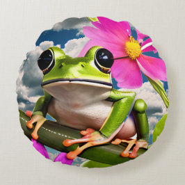 Schattige Frog op Pink Flower Branch met Clouds Rond Kussen