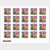 Schattige Frog op Pink Flower Branch met Clouds Vierkante Sticker (Vel)