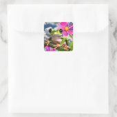 Schattige Frog op Pink Flower Branch met Clouds Vierkante Sticker (Tas)