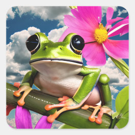 Schattige Frog op Pink Flower Branch met Clouds Vierkante Sticker