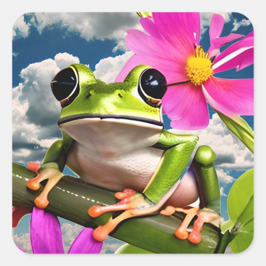 Schattige Frog op Pink Flower Branch met Clouds Vierkante Sticker (Voorkant)