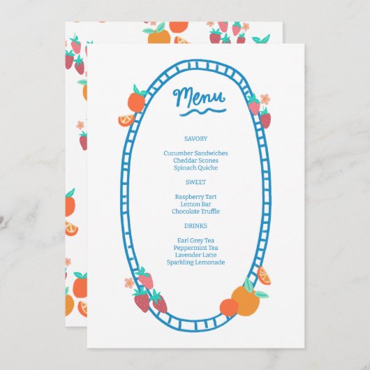 Schattige Fruit CUSTOM Bruids Baby shower Trouwfee Menu (Voorkant / Achterkant)