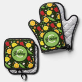 Schattige Fruit Groente Monogram Voedsel Ovenwant & Pannenlap Set (Voorkant / Achterkant)