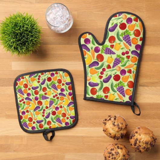 Schattige fruit groenten patroon ovenwant & pannenlap set (Top down)
