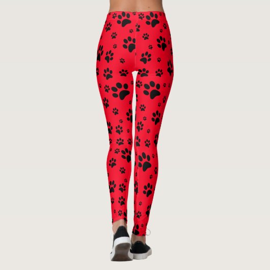Schattige Fun Black op Bright Red Paw Prints Leggings (Achterkant)