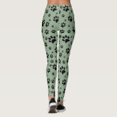 Schattige Fun Black op Sage Green Paw Prints Leggings (Achterkant)
