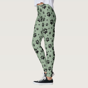 Schattige Fun Black op Sage Green Paw Prints Leggings
