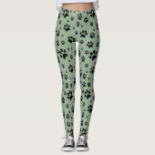 Schattige Fun Black op Sage Green Paw Prints Leggings (Voorkant)