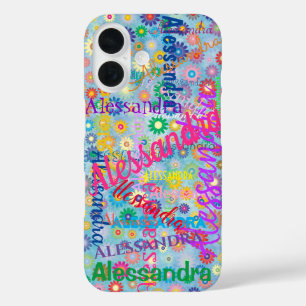 Schattige Fun Girly Name Collage met Flowers Blue iPhone 16 Hoesje