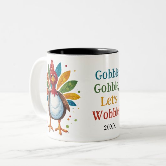 Schattige Fun Gobble Rainbow Turkije Thanksgiving Tweekleurige Koffiemok (Voorkant links)