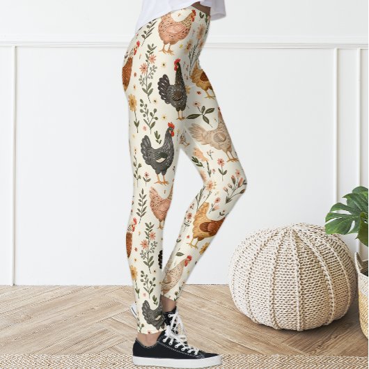 Schattige Fun  Ivoor Roze Bloemen Kippenhoen Leggings