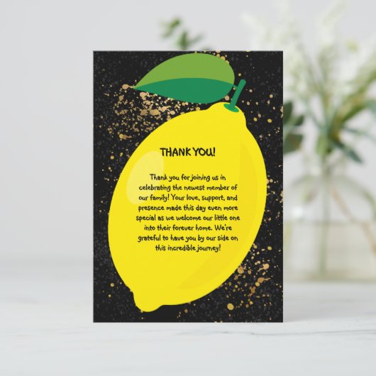 Schattige Fun Yellow Lemon Gold Glitters Baby show Bedankkaart (Staand voorkant)