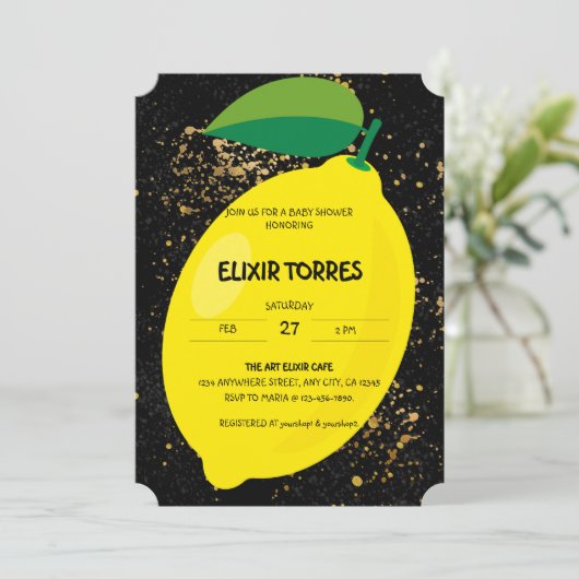 Schattige Fun Yellow Lemon Gold Glitters Baby show Kaart (Staand voorkant)