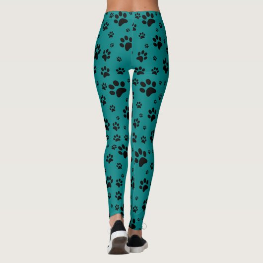 Schattige Fun Zwart op Blauwgroen Paw Prints Leggings (Achterkant)