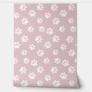 Schattige Funny Cat Dog Paw Prints Wit & Blush Roz Behang