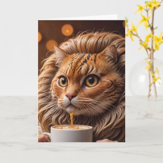 Schattige Funny Cat Houdt Koffie Mok Kaart (Gele Bloem)