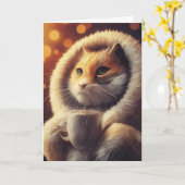 Schattige Funny Cat Houdt Koffie Mok Kaart (Gele Bloem)