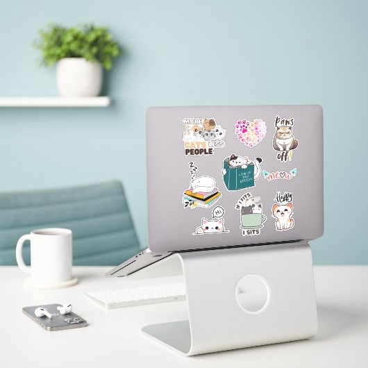 Schattige & Funny Cat kawaii vinly Sticker Pack (Laptop op bureau)