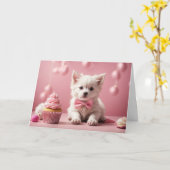 Schattige Funny Dog Pink Happy Birthday Cupcake Kaart (Gele Bloem)