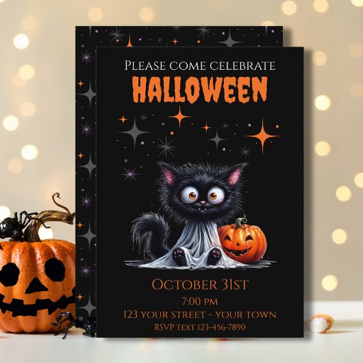 Schattige Funny Ghost Black Kitten Halloween Kaart