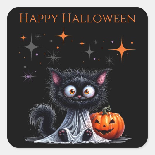 Schattige Funny Ghost Black Kitten Halloween Vierkante Sticker (Voorkant)