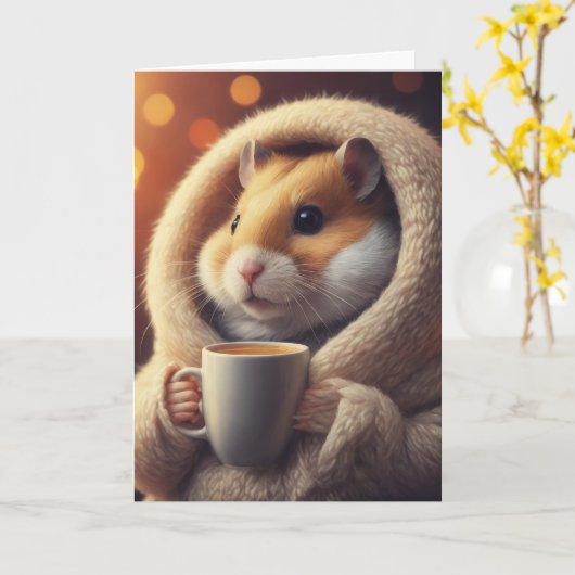 Schattige Funny Hamster Houdt Koffie Mok Kaart (Gele Bloem)
