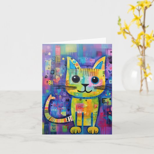 Schattige Funny Kitty Cat Mixed Media Dier Pet Kaart (Gele Bloem)