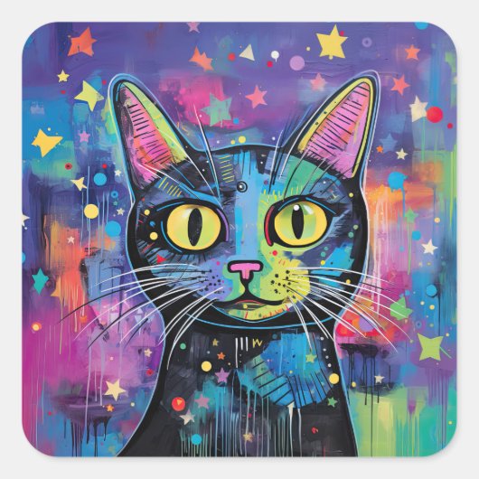 Schattige Funny Kitty Cat Mixed Media Dier Pet Vierkante Sticker (Voorkant)