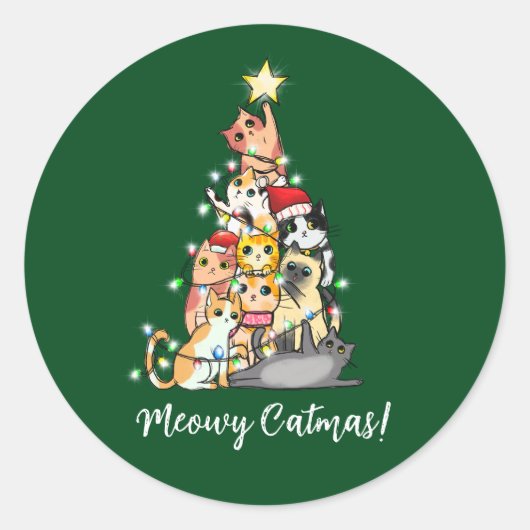 Schattige Funny Meowy Catmas Kerstboom Ronde Sticker (Voorkant)