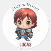 Schattige Funny Personaliseer Comic Kind Warrior Ronde Sticker (Voorkant)