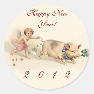 Schattige Funny Pig and Angel - Gelukkig Nieuwjaar Ronde Sticker