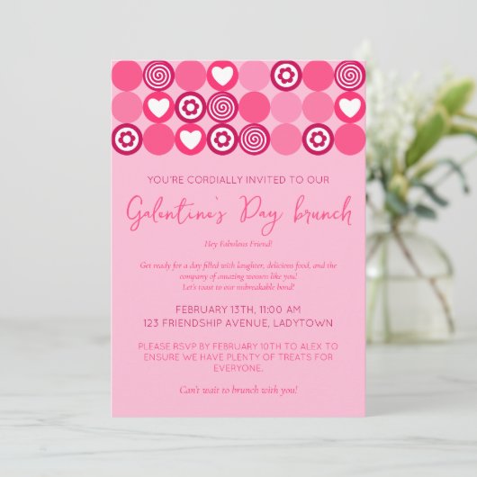 Schattige Galentine’s Day Brunch Roze Hart en Bloe Kaart (Staand voorkant)