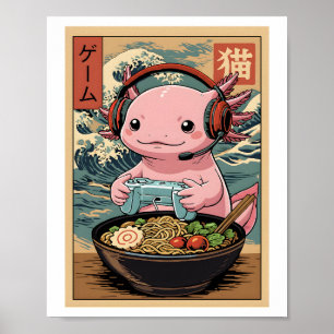 Schattige Gamer Axolotl Ramen Japanse Gaming Voeds Poster