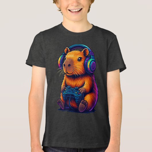 Schattige Gamer Capybara — met Headset & Controlle Tri-Blend Shirt (Voorkant)