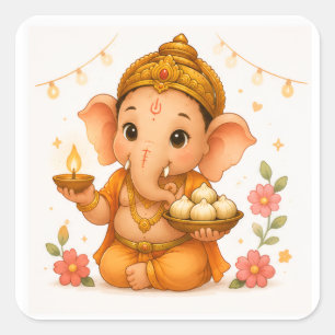 Schattige Ganesha Diya Modak Ganesh Chaturthi Vierkante Sticker