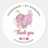 Schattige Garen Hart Breien Naalden Dank u Ronde Sticker (Voorkant)