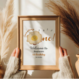 Schattige gebakken ei 1e verjaardag welkomstbord poster