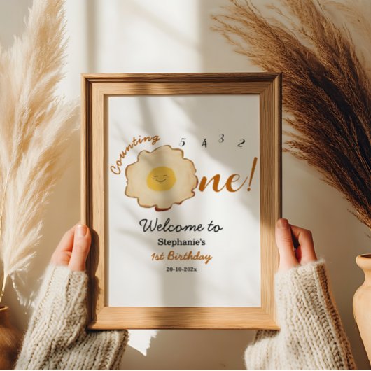Schattige gebakken ei 1e verjaardag welkomstbord poster