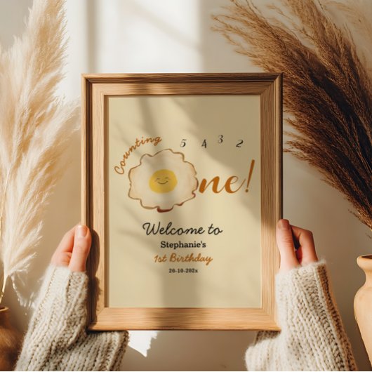 Schattige gebakken ei 1e verjaardag welkomstbord poster
