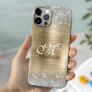 Schattige geborstelde gouden nepsil glitter monogr Case-Mate iPhone 14 hoesje
