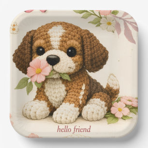 Schattige Gebreide Puppy Bloemenservetten – Whimsi Papieren Bordje