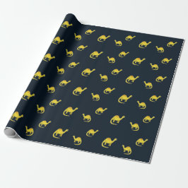 Schattige geel dinosauruspatroon op blauw cadeaupapier