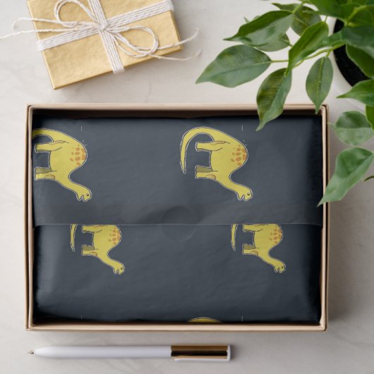 Schattige geel dinosauruspatroon op blauw tissuepapier (Geschenk)