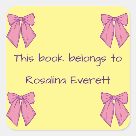 Schattige Geel en Roze Bows Meisjes Namen Kinder Vierkante Sticker (Voorkant)