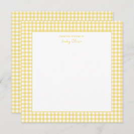 Schattige geel en wit gingham baby shower bedankkaart