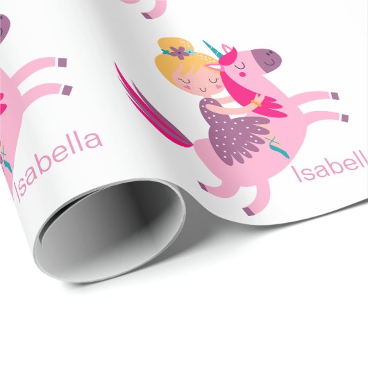 Schattige Geel Haired Meisje Rijden op een Eenhoor Cadeaupapier (Rol Hoek)