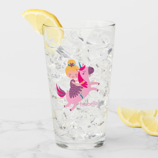 Schattige Geel Haired Meisje Rijden op een Eenhoor Glas (Voorkant ijs)