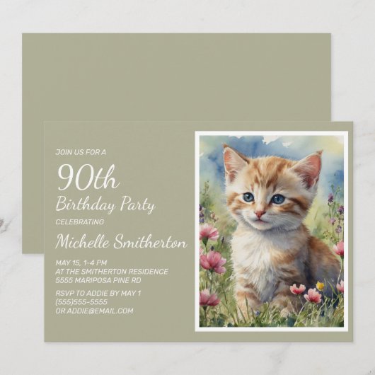 Schattige Geel Kitten Waterverf 90e Verjaardag Kaart (Voorkant / Achterkant)