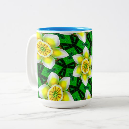 Schattige geel Plumeria Patroon Tweekleurige Koffiemok (Voorkant links)