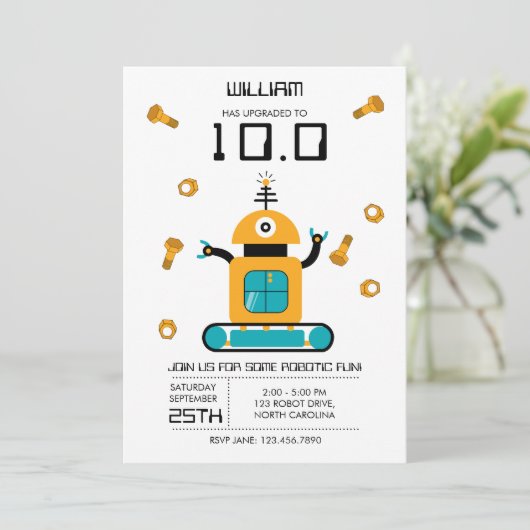 Schattige Geel Robot Thema Kinder Robots Verjaarda Kaart (Staand voorkant)